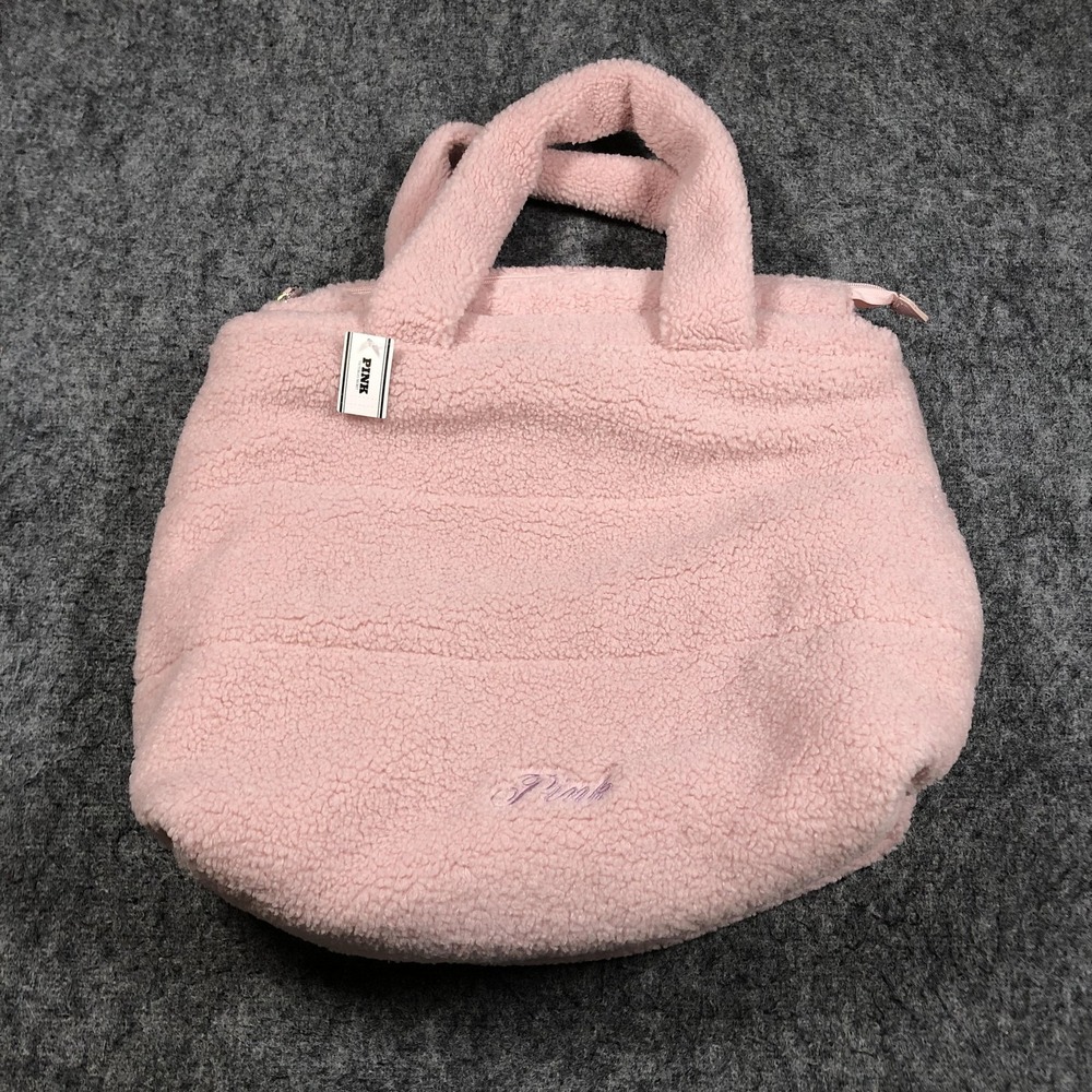 PINK Tote Bag Womens Medium Pink Fleece Sherpa Zip Top Lined Casual Handbag